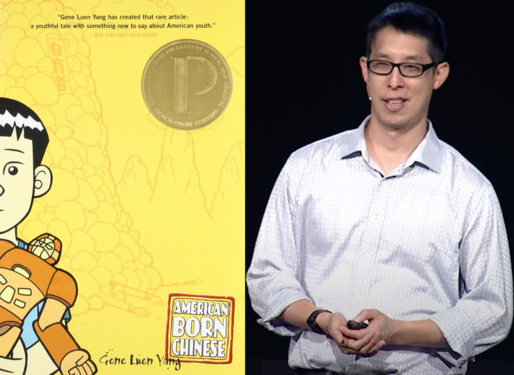 American Born Chinese cover next to image of author Gene Luen Yang giving Ted Talk