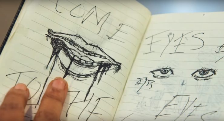 Horror Noire trailer, sketches in notebook