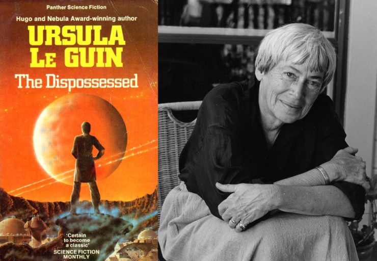 cover of The Dispossessed next to author Ursula K. Le Guin