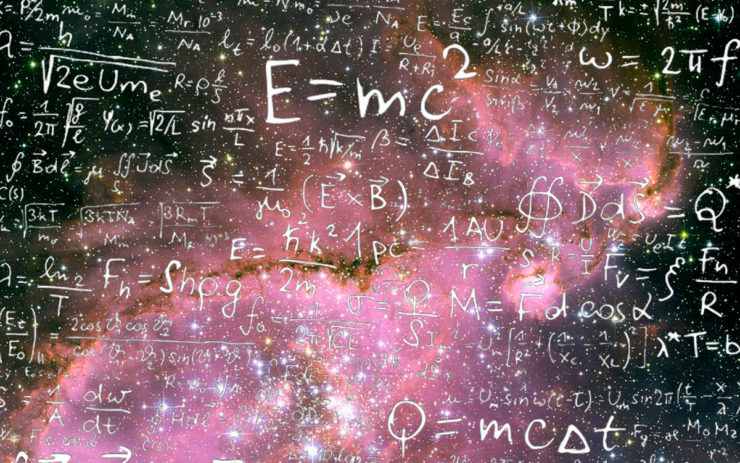 Image of a galaxy overlaid with the text of math equations
