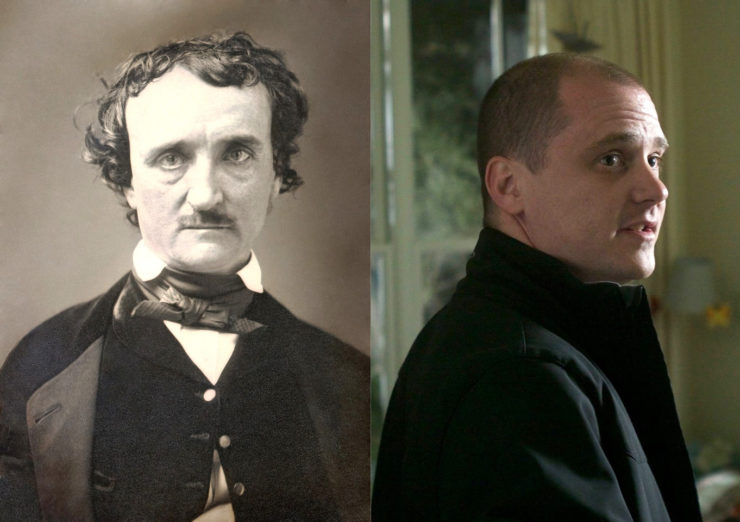 Side by side images of Edgar Allan Poe and Mike Flanagan