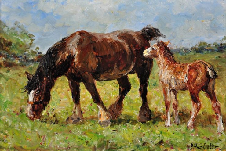 Painting of a mare and foal in a grassy field