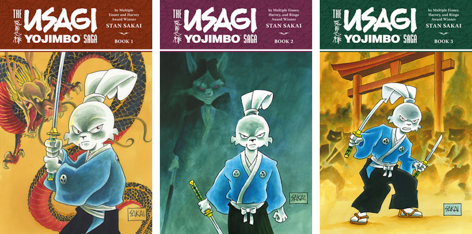 Three covers of Usagi Yojimbo comic collections