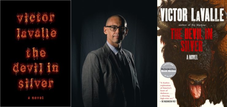 Victor LaValle author photo side by side with The Devil in Silver book covers.