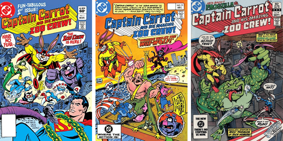 Three covers of Captain Carrot comic books