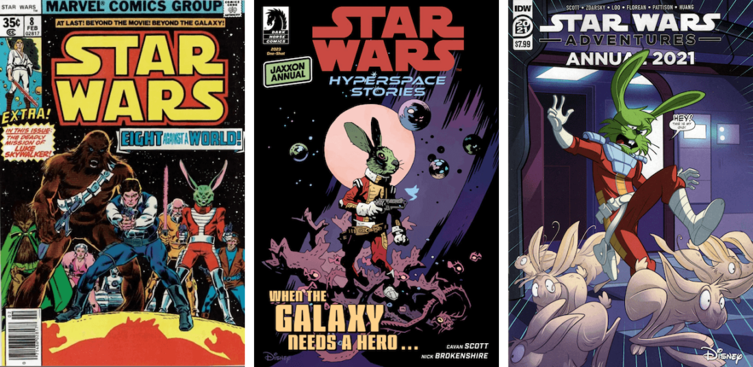 Three Star Wars comic book covers featuring the character Jaxxon