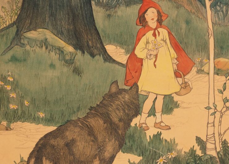 Illustration depicting Little Red Riding Hood encountering the wolf
