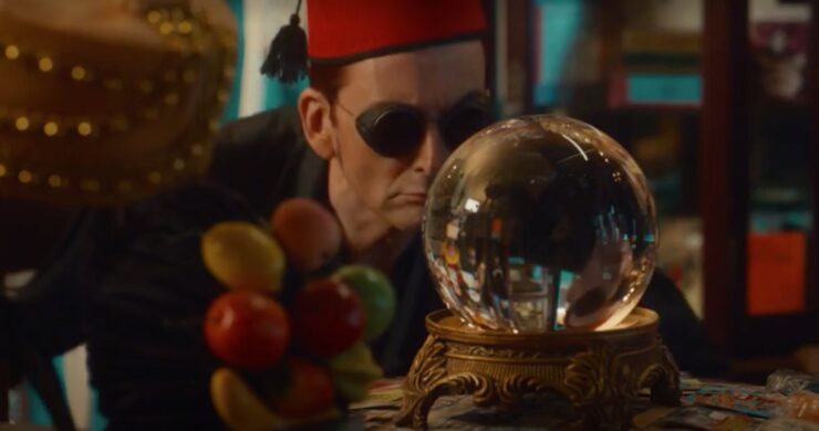 Good Omens 2, Crowley in a fez in a magic shop behind a crystal ball