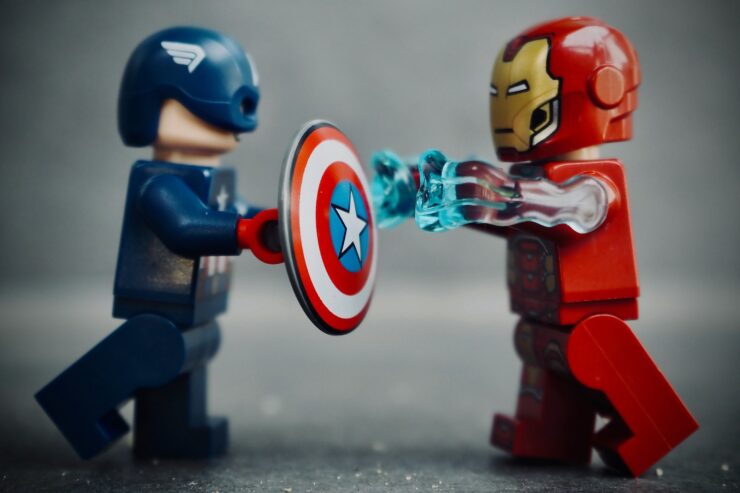 Photo of a LEGO Captain America facing a LEGO Ironman