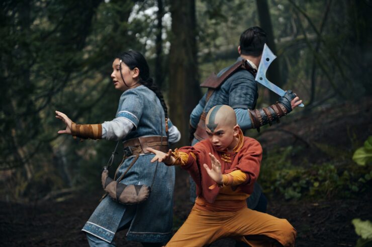 Avatar: The Last Airbender. (L to R) Kiawentiio as Katara, Gordon Cormier as Aang, Ian Ousley as Sokka in season 1 of Avatar: The Last Airbender.