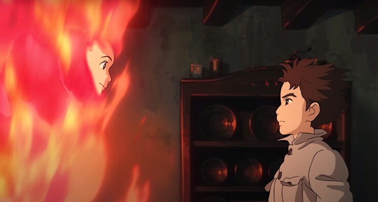 Mahito and a fire spirit in The Boy and the Heron