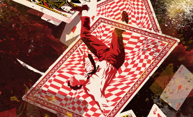An illustration of a person falling through a storm of red playing cards.