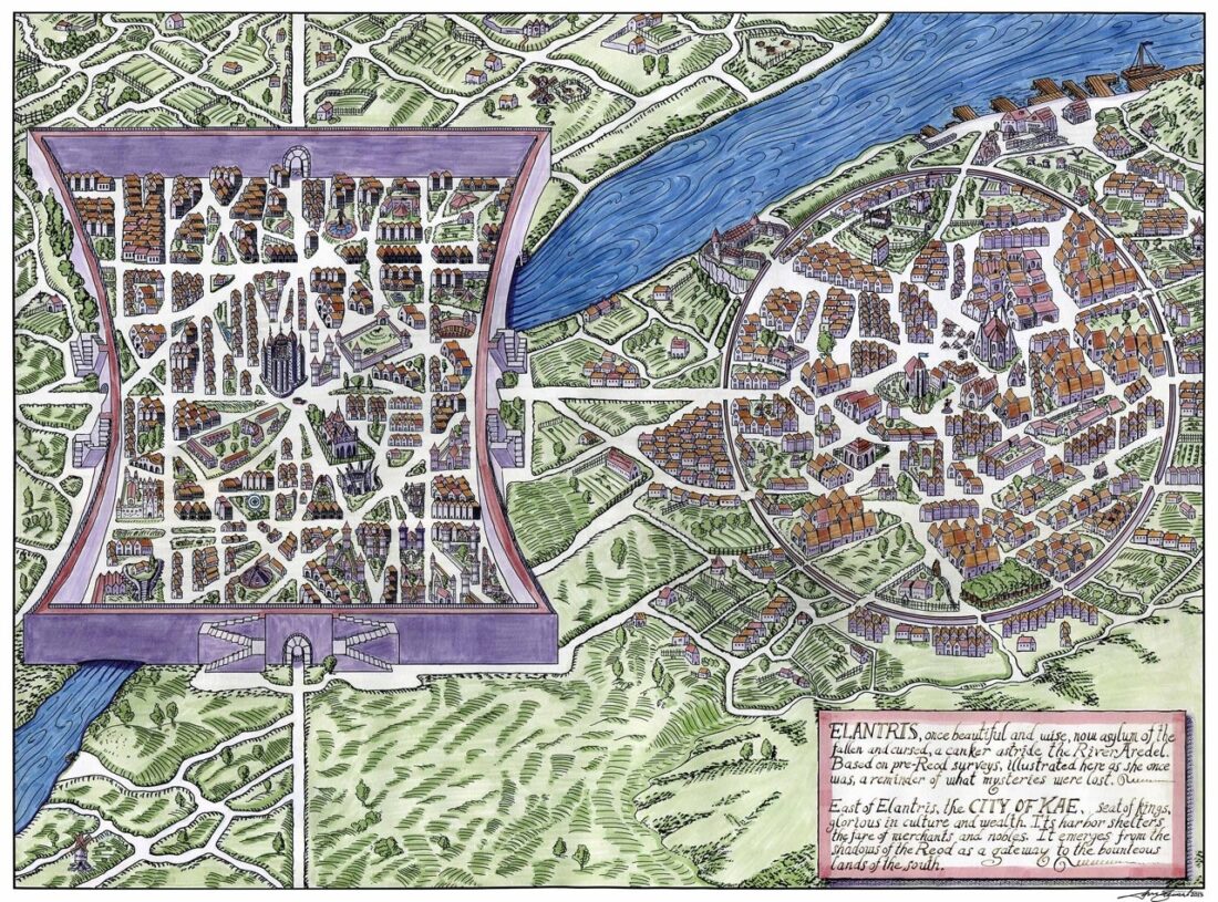 A map of Kae and Elantris City from Brandon Sanderson's Elantris