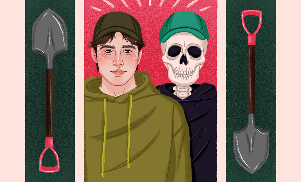 An illustration of a trans man and his skeleton boyfriend.