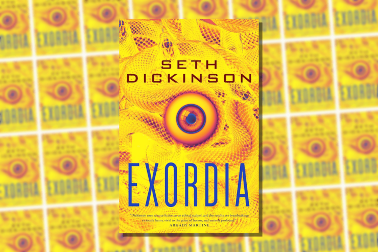 Book cover of Exordia by Seth Dickinson, centered against a grid pattern of the same book cover