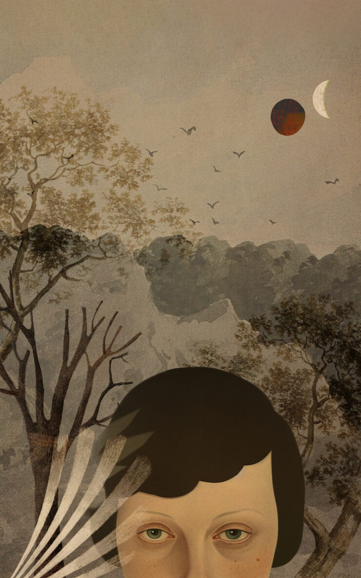 An illustration in muted tones of a white child with brown hair cut in a short bob peering out from a collage of trees. In the grey sky, a red moon hangs next to a waning crescent moon.