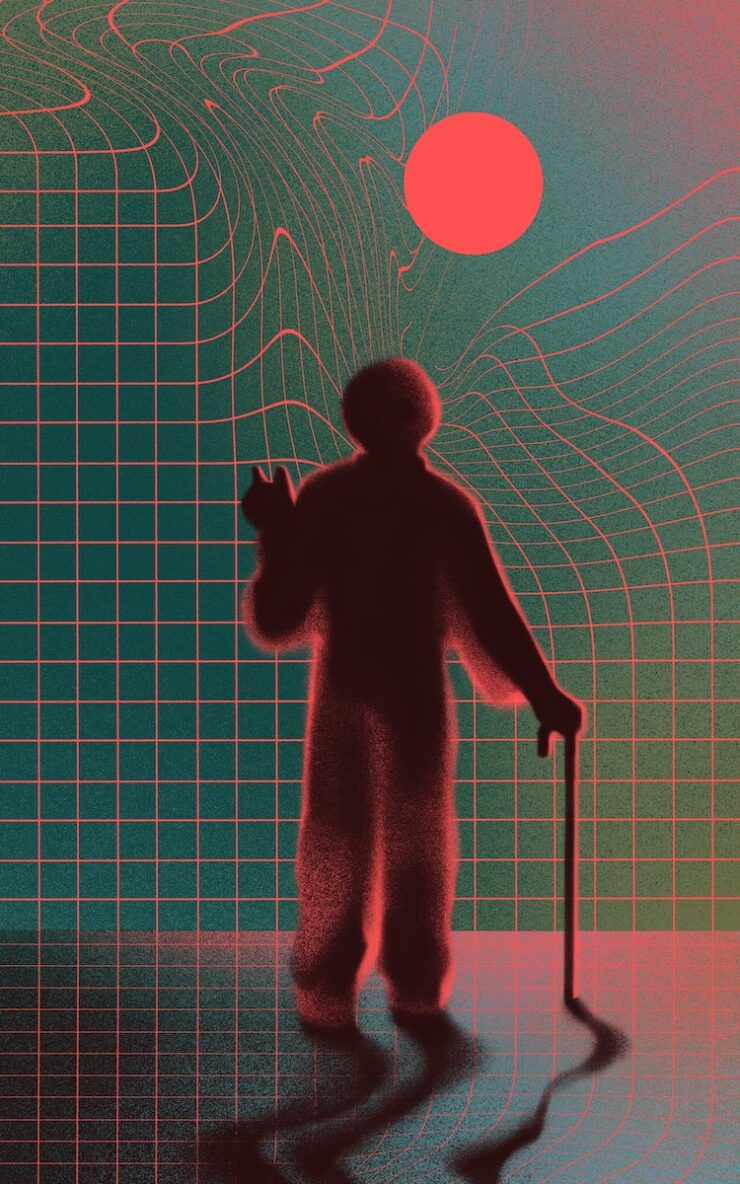 A silhouetted figure with a cane contemplates a red sun in a green sky overlaid with graph lines.
