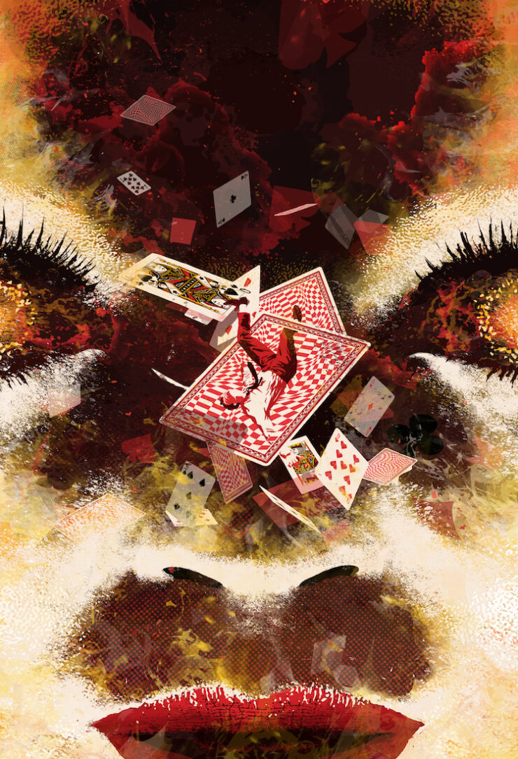 An illustration of a man falling through a storm of giant red playing cards falling past a woman's face.
