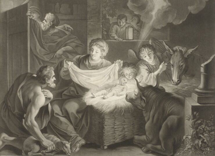 Print of Mary, Joseph and the new-born Christ, surrounded by animals and angels