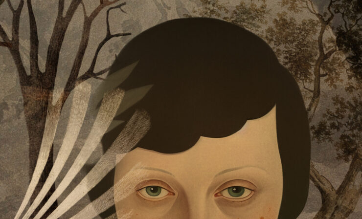 An illustration in muted tones of a white child with brown hair cut in a short bob peering out from a collage of trees.