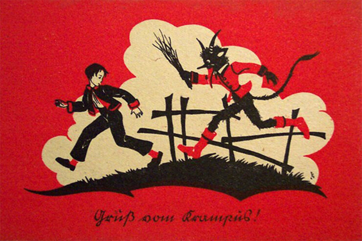 Illustration of Krampus chasing a young boy