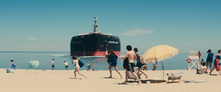 An oil tanker nears shore in a scene from Leave the World Behind