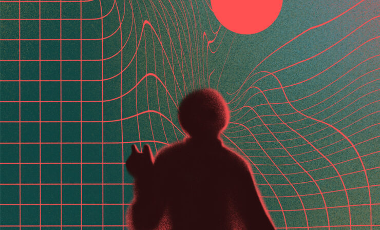 A silhouetted figure contemplates a red sun in a green sky overlaid with graph lines.