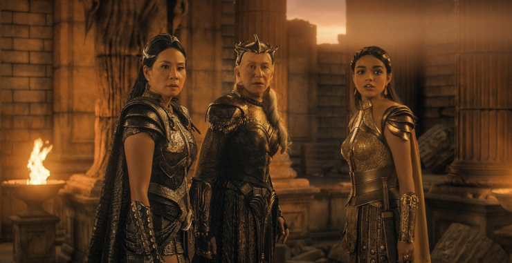 Helen Mirren, Lucy Liu, and Rachel Zegler in Shazam: Fury of the Gods