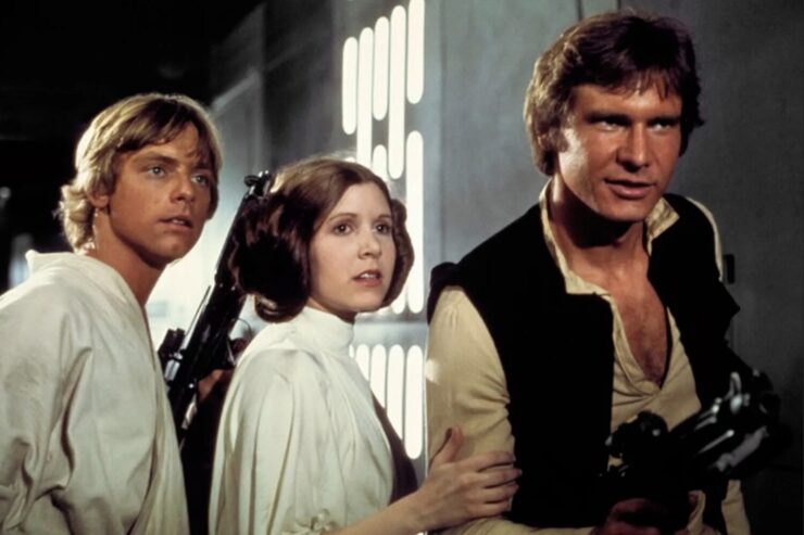 Luke Skywalker (Mark Hamill), Princess Leia (Carrie Fischer) and Han Solo (Harrison Ford) in Star Wars: A New Hope