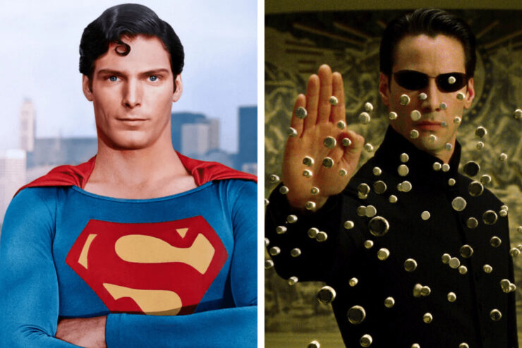 Two close-up images of Christopher Reeve in Superman and Keanu Reeves in The Matrix