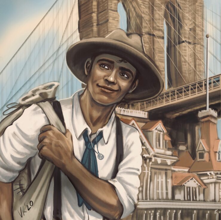Illustration of Benny, a character in When the Tides Held the Moon. A young man wearing a white shirt, blue tie, suspenders, and fedora stands in front of the Brooklyn Bridge with a bag slung over one shoulder.