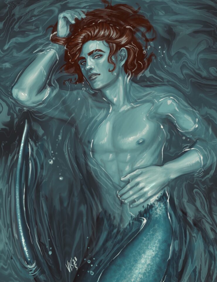 Illustration of Rio, a character in When the Tides Held the Moon. A merman with blue-gray skin and red-brown hair lies partially submerged in water.