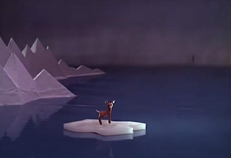 Rudolph adrift on an ice floe in the Rankin-Bass "Rudolph the Red-Nosed Reindeer" special