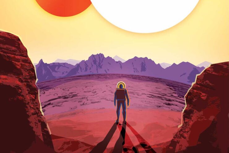 Illustration of a figure in a spacesuit on an alien planet with two suns on the horizon