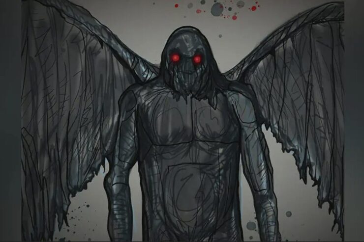 Illustration depicting the cryptid Mothman: a gray humanoid figure with red glowing eyes and large wings