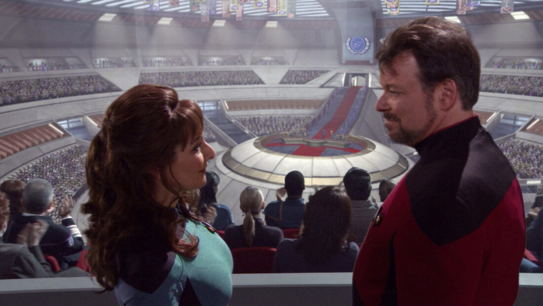 Screenshot of Troi and Riker in Star Trek: Enterprise "These are the Voyages…"