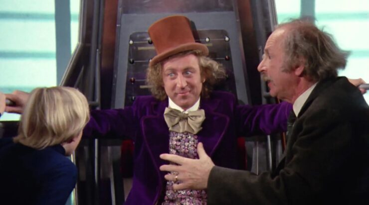 Willy Wonka and the Chocolate Factory, Wonka, Charlie, and Grandpa Joe in the glass elevator