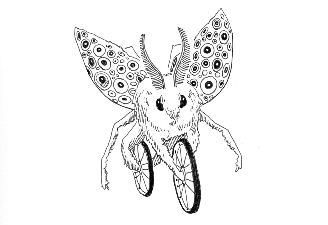 Illustration from Fifty Beasts to Break Your Heart: a large moth with outstretched wings an long antennae rides a bicycle.