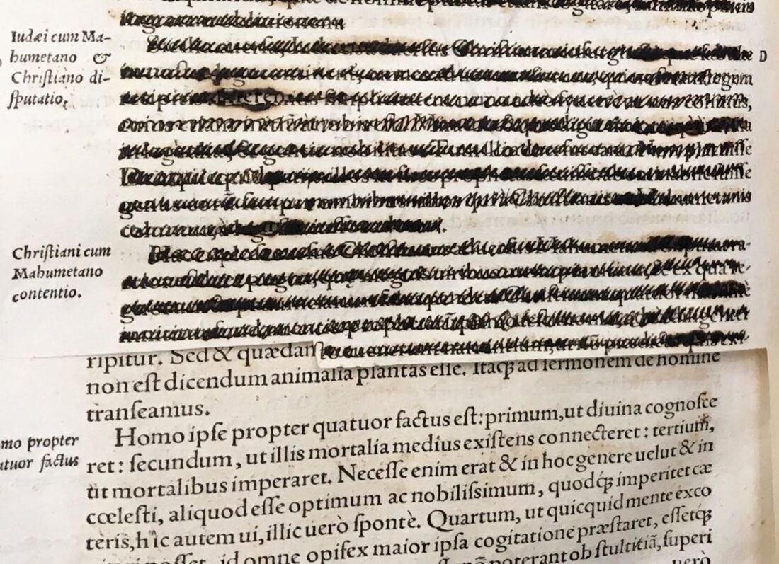 Photograph of a 1500s text, censored by the Inquisition