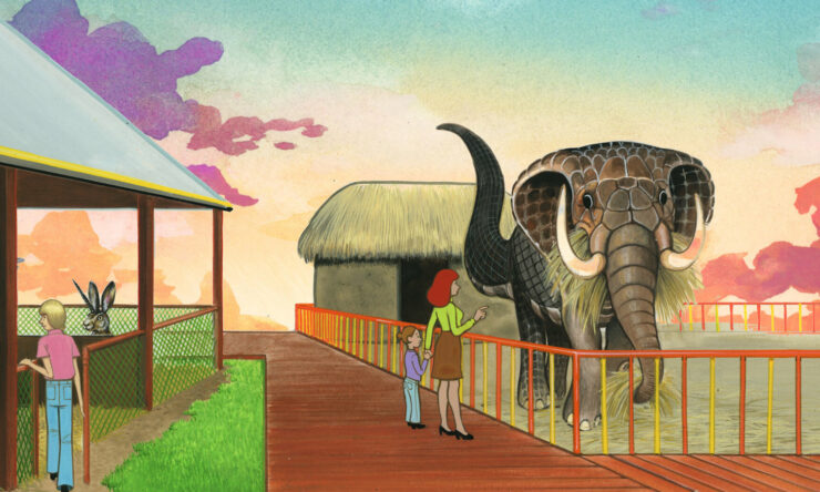 Screenshot from Cryptozoo: humans visit the pen of an elephant-like creature with a scaled crocodile-like tail.