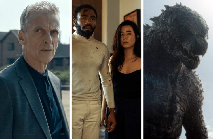 Images from three new SFF TV seres: Peter Capaldi in Criminal Record; Donald Glover and Maya Erskine in Mr & Mrs Smith; a close-up of Godzilla in Monarch: Legacy of Monsters