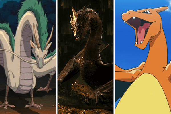 Three images of pop culture dragons: Haku, Smaug, and Charizard