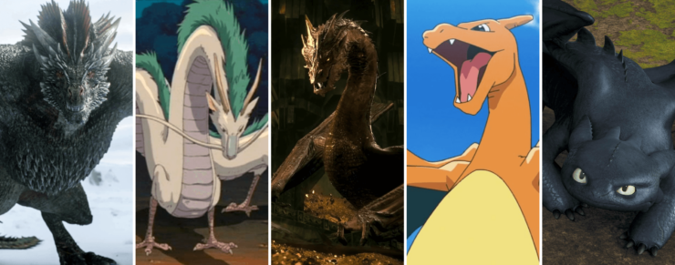 Images of six pop culture dragons: Drogon from Game of Thrones; Haku from Spirited Away; Smaug from The Hobbit; Charizard from Pokemon; Toothless from How To Train Your Dragon