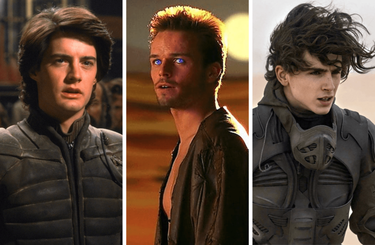 Images of the three actors portraying Paul Atreides in different adaptations of Dune: Kyle MacLachlan, Alec Newman, and Timothée Chalamet
