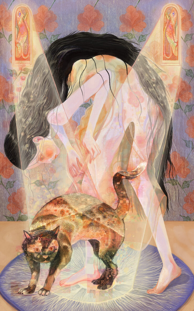 An abstract illustration of a nude woman with long dark hair bending over an orange and brown cat.