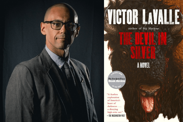 author Victor LaValle beside the cover of his book, The Devil in Silver