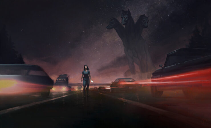 A woman walks along a busy highway median while the specter of a three-headed dog watches her.