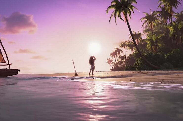 A wide shot from Moana 2 shows Moana lifting a shell to her mouth