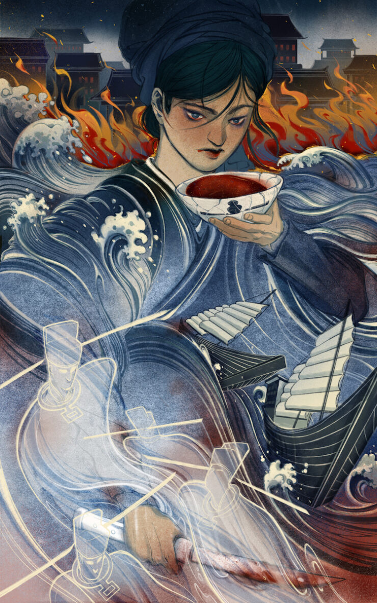A young person drinks from a bowl of red liquid as around them, waves crash into ships, flames burn at the edge of a village, and ghostly figures rise from a river of blood.