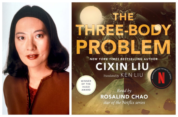 Audio cover of 3 Body Problem by Cixin Liu beside image of Rosalind Chao as Keiko O'Brien